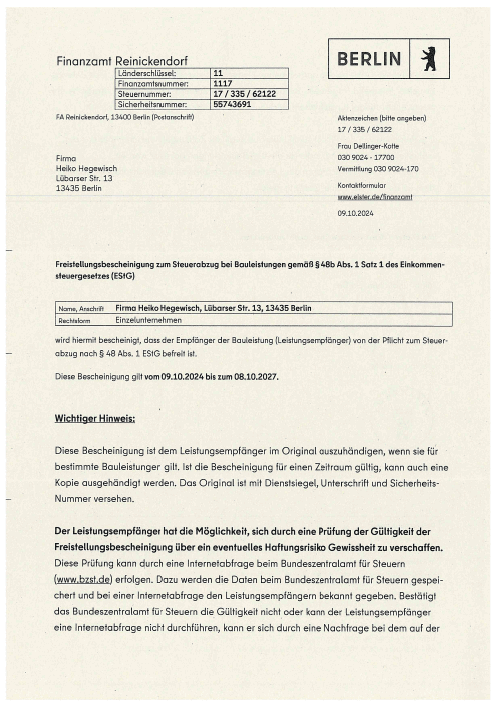 Hegewisch Freistellungsbescheinigung